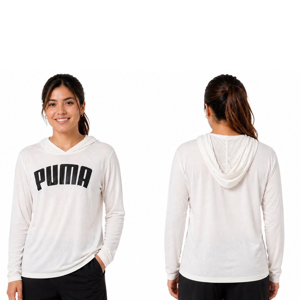 Puma White Long Sleeve Hooded Graphic‎ T-Shirt Logo Hoodie M Activewear 104-33